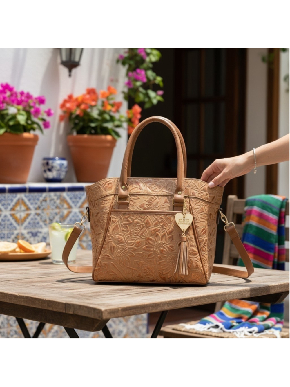 Sunflower Camel Beige Gold Brown Embossed Tooled Artisan LEATHER Bag Purse
